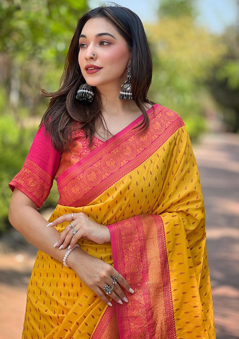 Yellow Zari Woven Soft Silk Saree Set