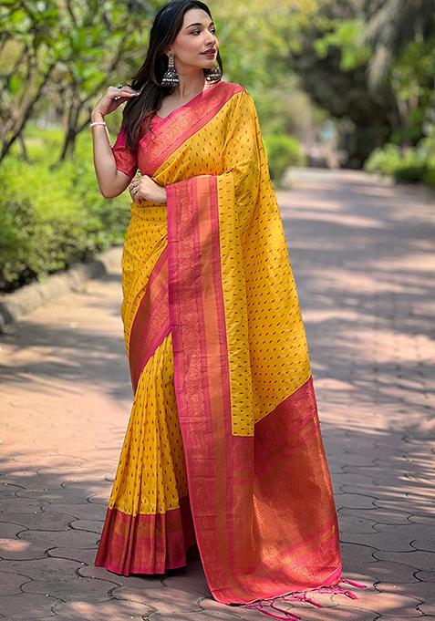 Yellow Zari Woven Soft Silk Saree Set