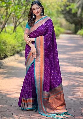 Violet Zari Woven Soft Silk Saree Set