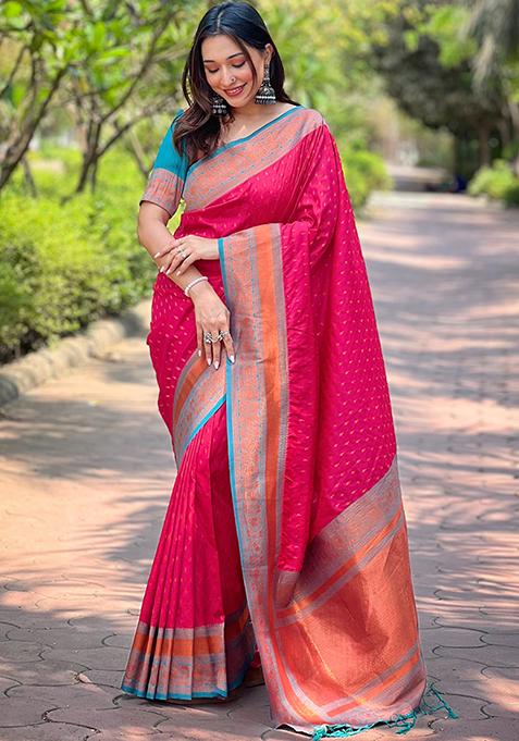 Pink Zari Woven Soft Silk Saree Set