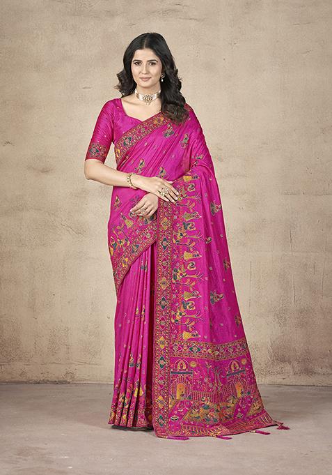 Magenta Zari Thread Embroidered Pashmina Silk Saree Set