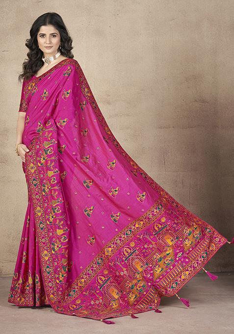Magenta Zari Thread Embroidered Pashmina Silk Saree Set