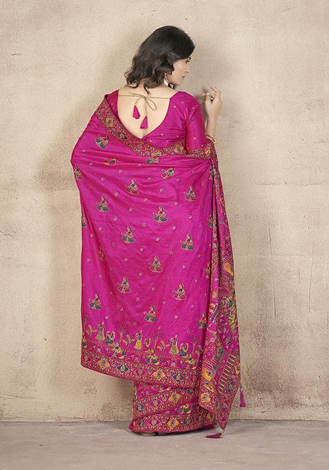 Magenta Zari Thread Embroidered Pashmina Silk Saree Set