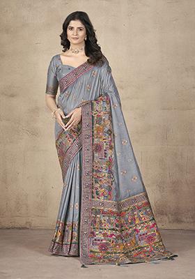 Grey Zari Thread Embroidered Pashmina Silk Saree Set