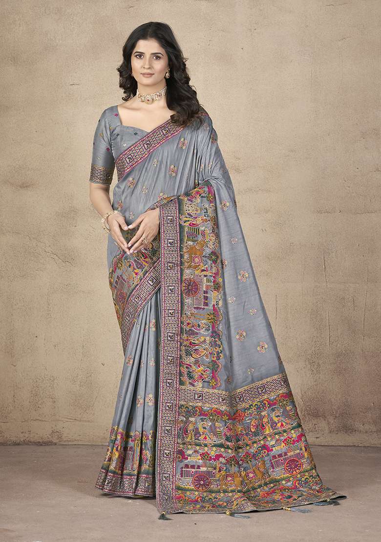 Grey Zari Thread Embroidered Pashmina Silk Saree Set - Indya