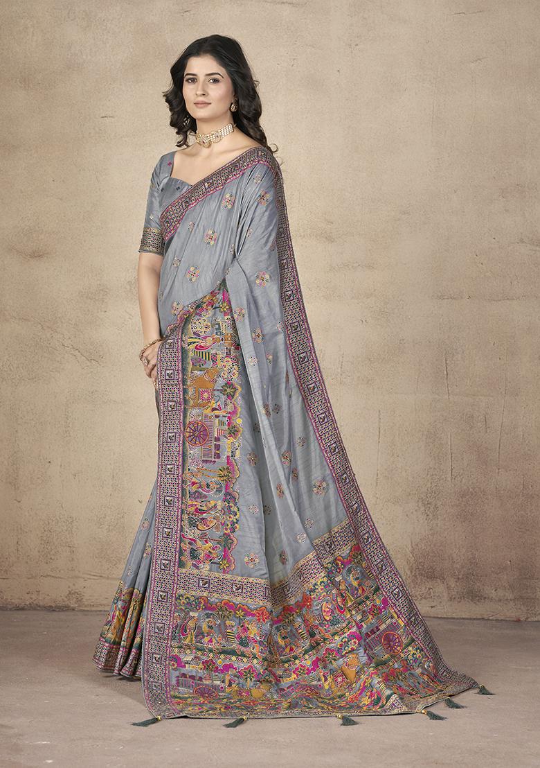 Grey Zari Thread Embroidered Pashmina Silk Saree Set