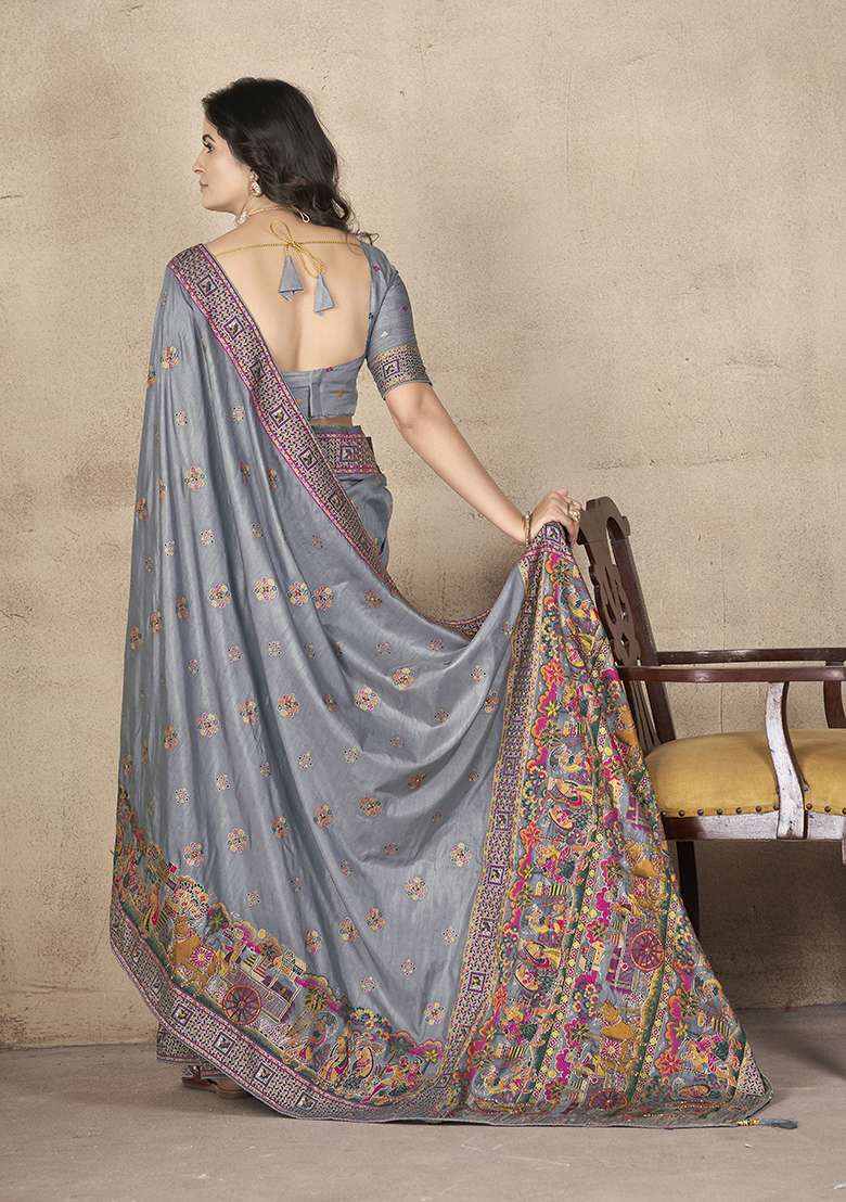 Grey Zari Thread Embroidered Pashmina Silk Saree Set - Indya
