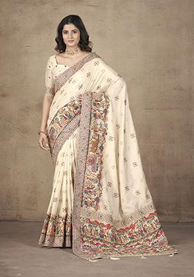 Yellow Zari Thread Embroidered Pashmina Silk Saree Set