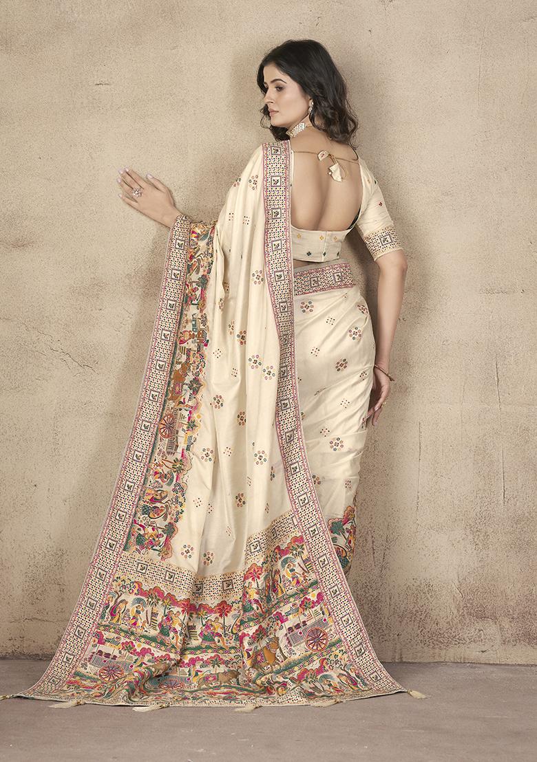 Yellow Zari Thread Embroidered Pashmina Silk Saree Set