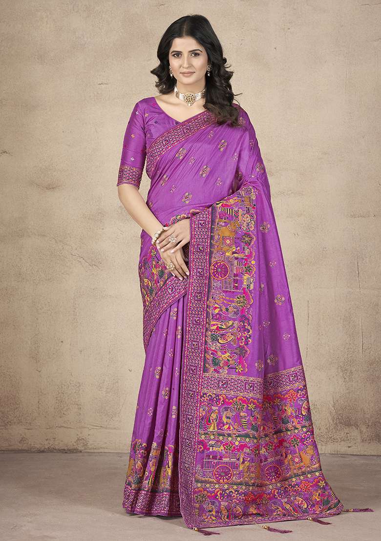 Purple Zari Thread Embroidered Pashmina Silk Saree Set - Indya