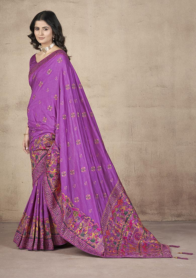 Purple Zari Thread Embroidered Pashmina Silk Saree Set
