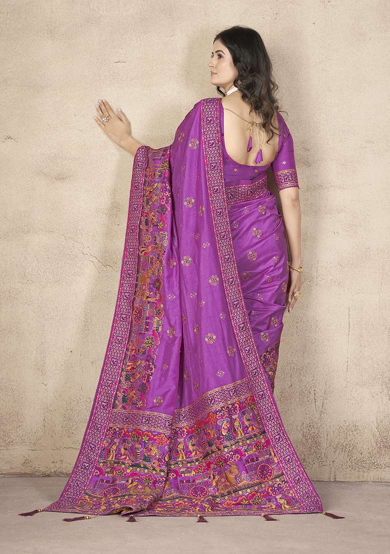 Purple Zari Thread Embroidered Pashmina Silk Saree Set - Indya