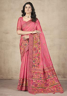 Pink Zari Thread Embroidered Pashmina Silk Saree Set