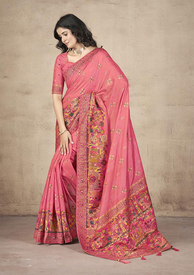 Buy Women Pink Zari Thread Embroidered Pashmina Silk Saree Set