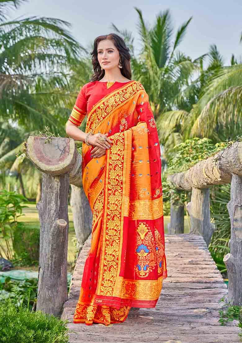 Red Woven Thread Embroidered Silk Cotton Saree Set