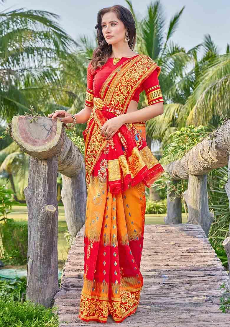 Red Woven Thread Embroidered Silk Cotton Saree Set