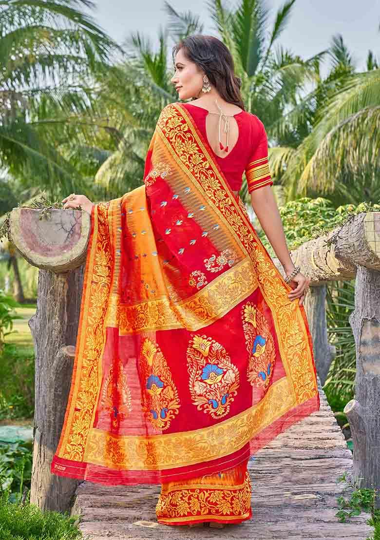 Red Woven Thread Embroidered Silk Cotton Saree Set