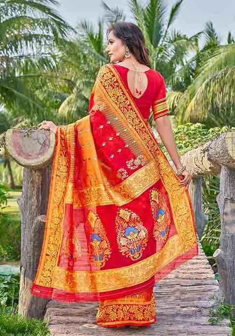 Red Woven Thread Embroidered Silk Cotton Saree Set