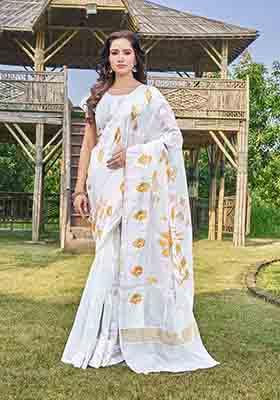 White Woven Thread Embroidered Silk Cotton Saree Set