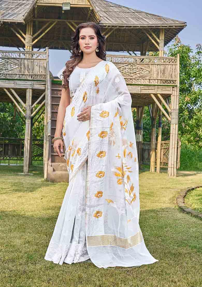 White Woven Thread Embroidered Silk Cotton Saree Set