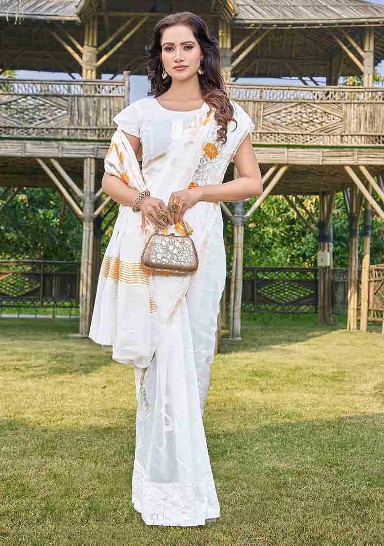White Woven Thread Embroidered Silk Cotton Saree Set