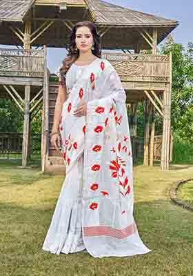 White Woven Thread Embroidered Silk Cotton Saree Set