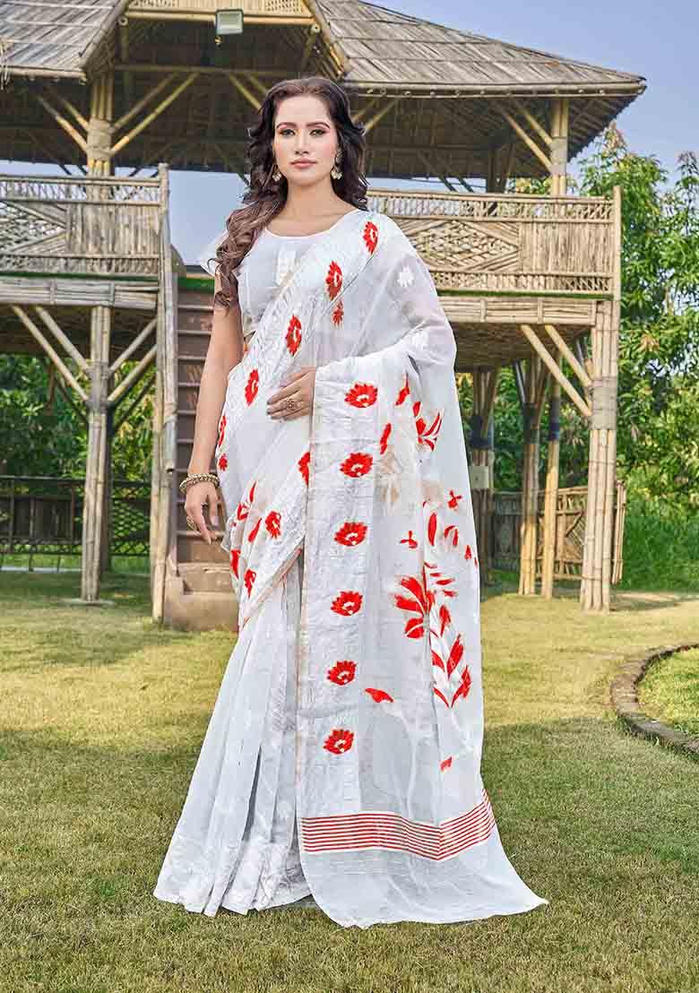 White Woven Thread Embroidered Silk Cotton Saree Set