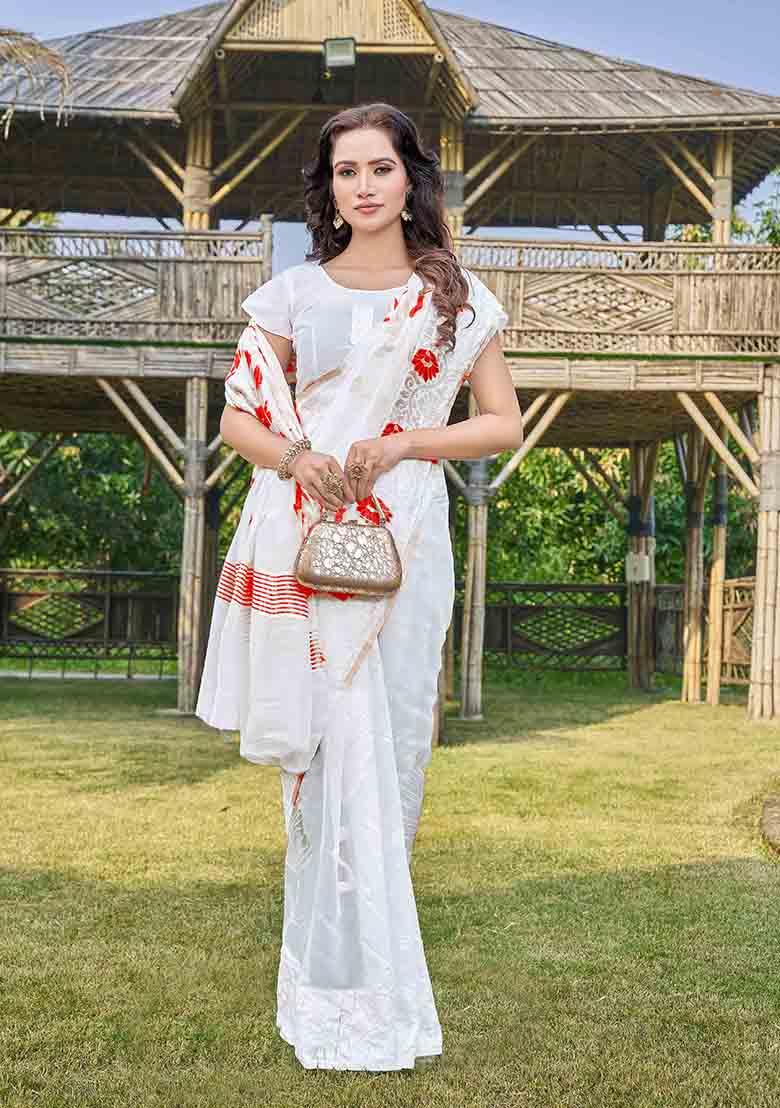 White Woven Thread Embroidered Silk Cotton Saree Set