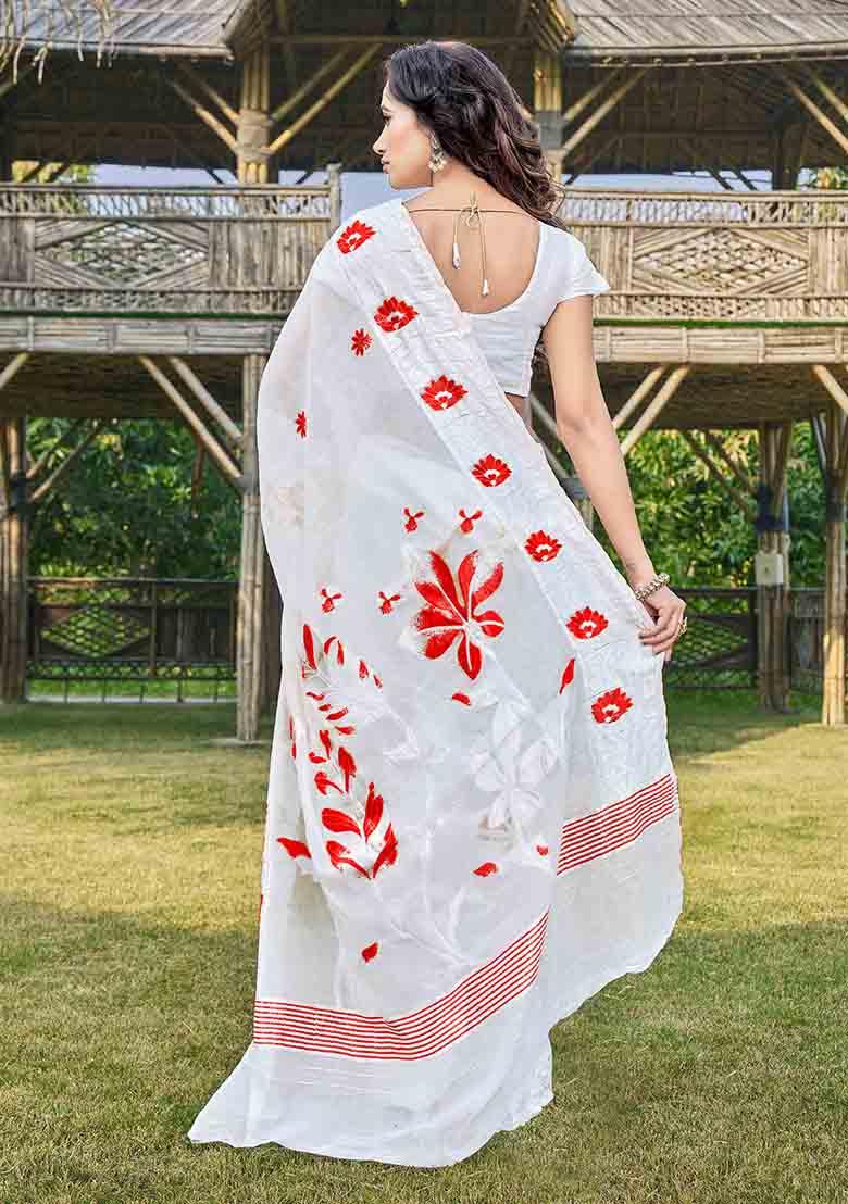 White Woven Thread Embroidered Silk Cotton Saree Set
