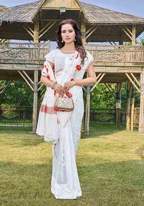 White Woven Thread Embroidered Silk Cotton Saree Set