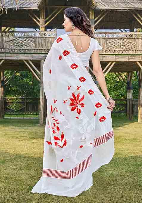 White Woven Thread Embroidered Silk Cotton Saree Set