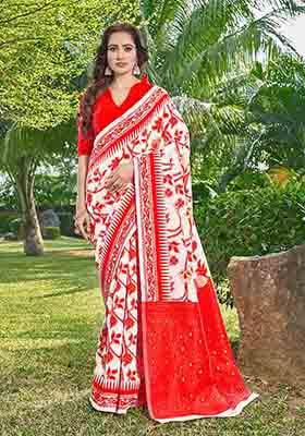 Red Woven Thread Embroidered Silk Cotton Saree Set