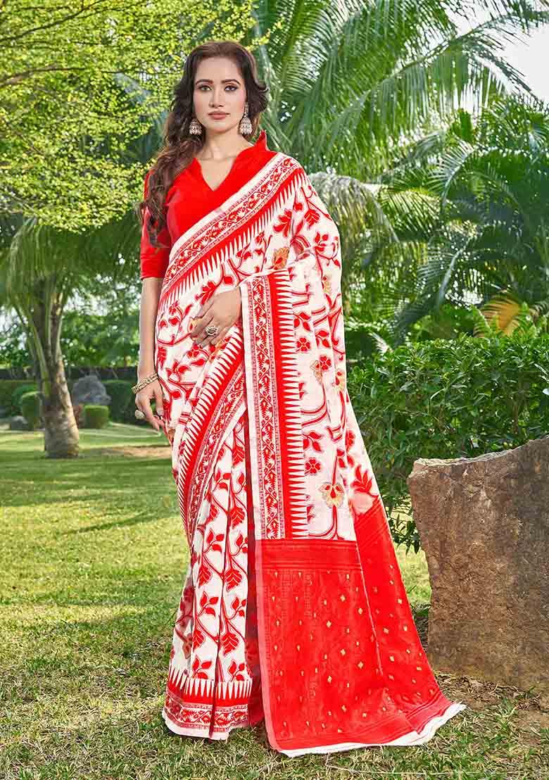 Red Woven Thread Embroidered Silk Cotton Saree Set