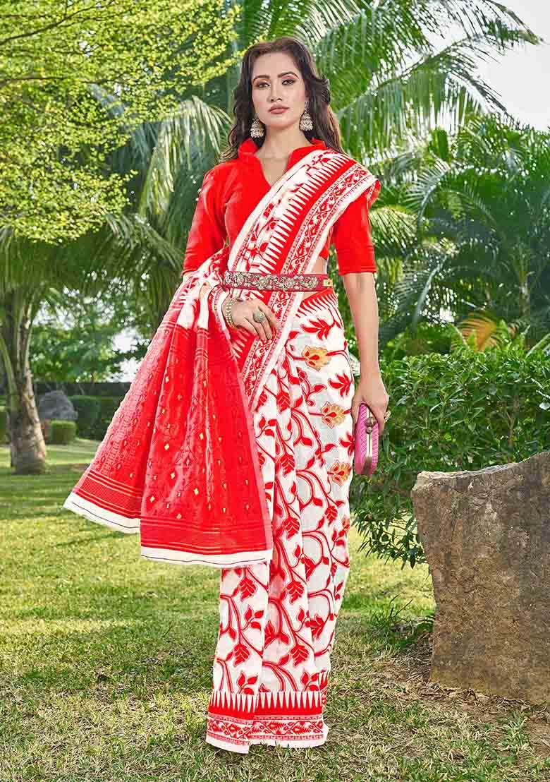 Red Woven Thread Embroidered Silk Cotton Saree Set