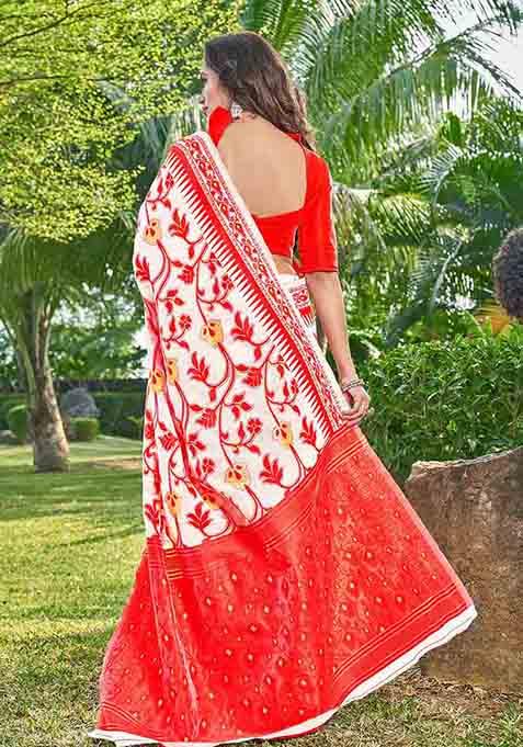 Red Woven Thread Embroidered Silk Cotton Saree Set