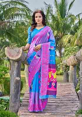 Blue Woven Thread Embroidered Silk Cotton Saree Set