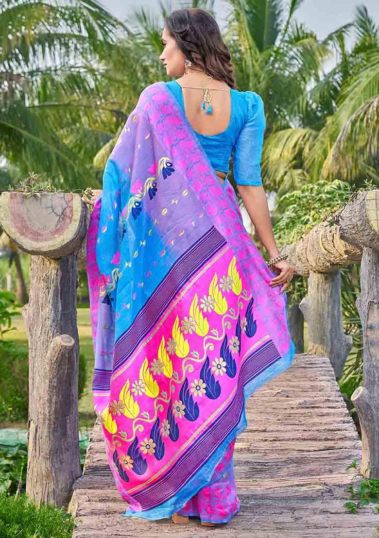 Blue Woven Thread Embroidered Silk Cotton Saree Set