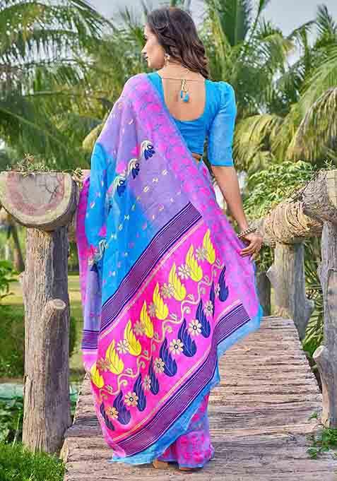 Blue Woven Thread Embroidered Silk Cotton Saree Set