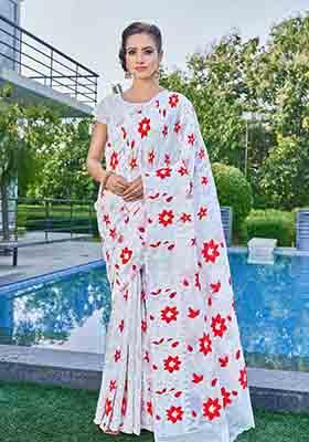 White Woven Thread Embroidered Silk Cotton Saree Set