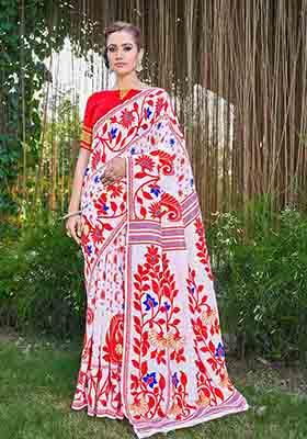 White Woven Thread Embroidered Silk Cotton Saree Set