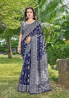 Blue Woven Thread Embroidered Silk Cotton Saree Set