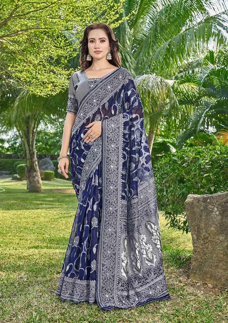 Blue Woven Thread Embroidered Silk Cotton Saree Set