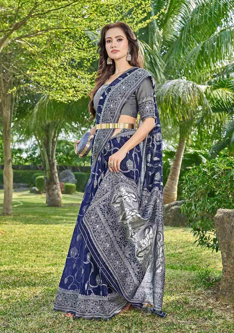 Blue Woven Thread Embroidered Silk Cotton Saree Set