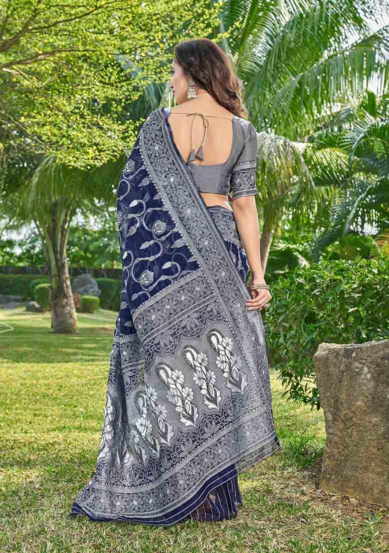 Blue Woven Thread Embroidered Silk Cotton Saree Set