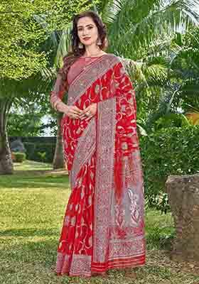 Red Woven Thread Embroidered Silk Cotton Saree Set