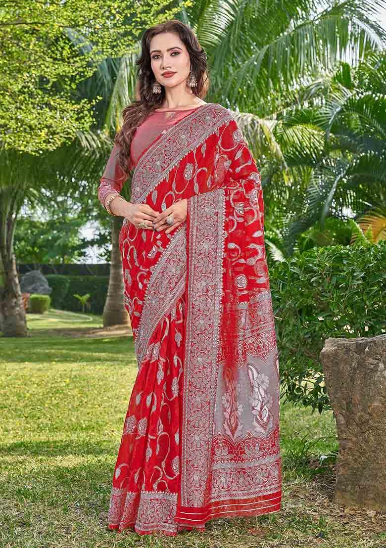 Red Woven Thread Embroidered Silk Cotton Saree Set