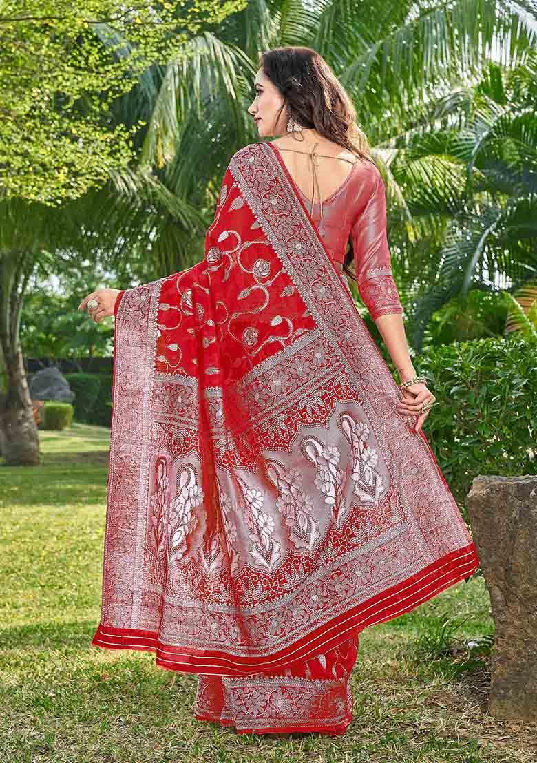 Red Woven Thread Embroidered Silk Cotton Saree Set