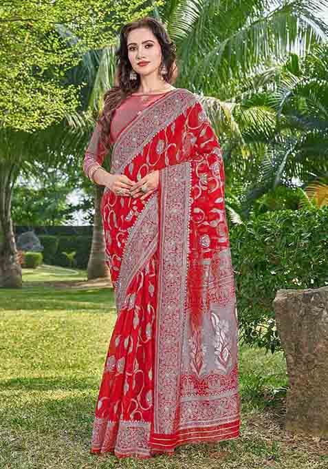 Red Woven Thread Embroidered Silk Cotton Saree Set