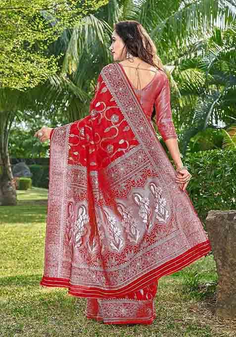 Red Woven Thread Embroidered Silk Cotton Saree Set