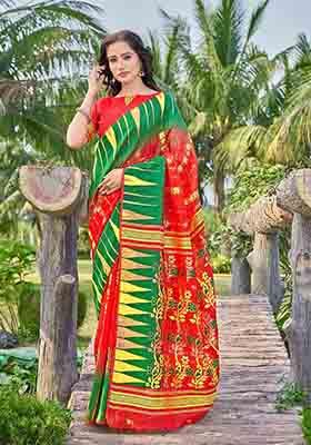 Red Woven Thread Embroidered Silk Cotton Saree Set